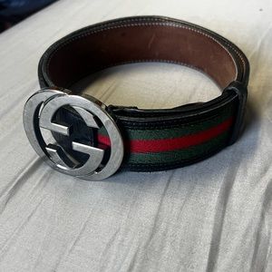 100% Authentic GG Silver Buckle Gucci Black leather belt Green/Red/Green